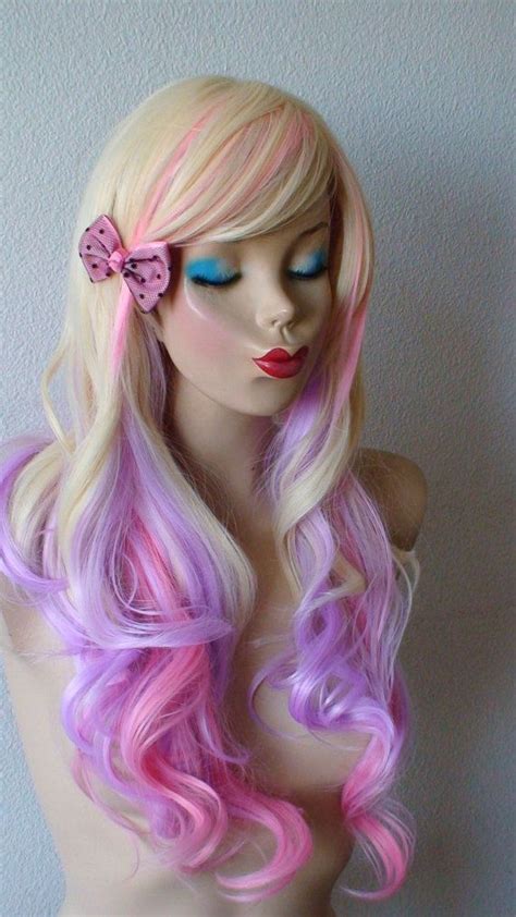 Blonde Pink And Lavender Color Ombre Wig Long Wavy By Kekeshop Blonde With Pink Ombre Wigs