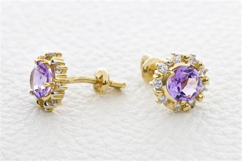 Серьги пусеты с аметистом в золоте - 68 фото