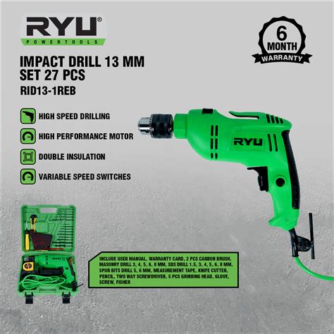 Jual RYU Impact Drill 13 Mm Set 27 Pcs Mesin Bor Set RYU 13 Mm