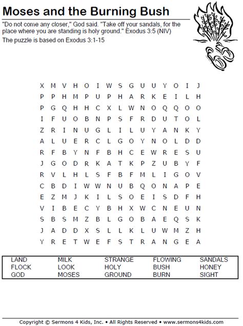 Moses and the Burning Bush Word Search | Sermons4Kids