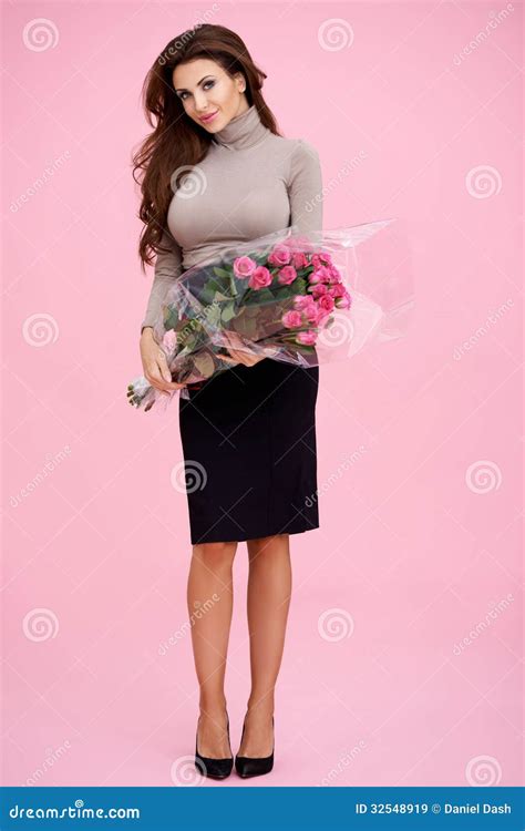 Beautiful Brunette With Bunch Of Pink Roses Stock Image Image Of Woman Person