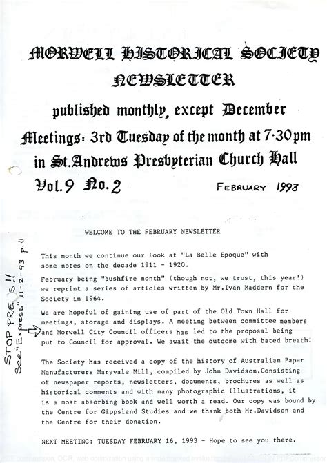 Newsletter February Morwell Historical Society