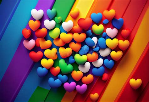 D Illustration Of Many Hearts Falling On Gay Pride Flag Background Generative Ai Stock