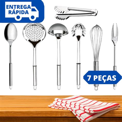 Kit Utensílios de Cozinha 7 Peças 100 Aço Inox Concha Escumadeira