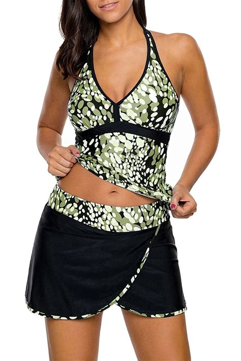 Women S Wrapped Print Tankini Tops Bathing Suit Two Piece Swimsuit With Skirted Bottom Green