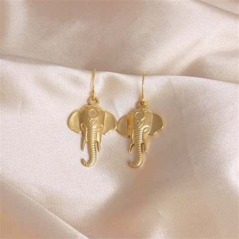 Large Elephant Earrings Gold Charm Dangle Earring Unique Jewelry