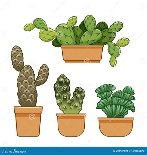 Cactus In Flowerpot Hand Drawn Set Collection Stock Vector