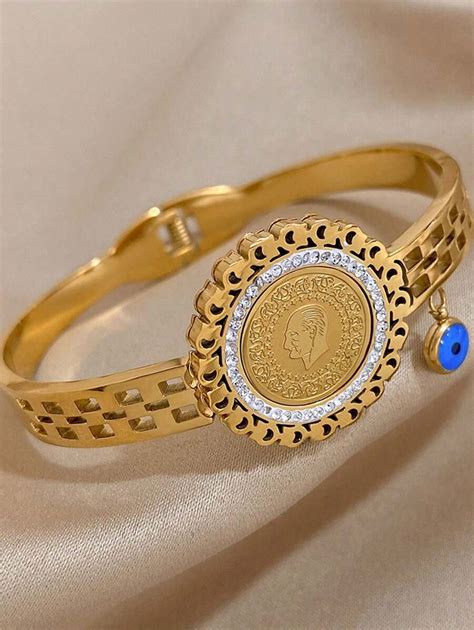 1 Pieza Brazalete Con Forma De Moneda En Acero Inoxidable Y Con Dije De