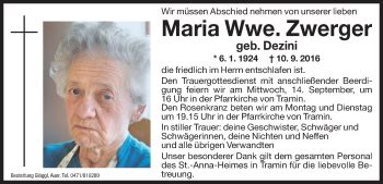 Traueranzeigen Von Maria Zwerger Trauer Bz