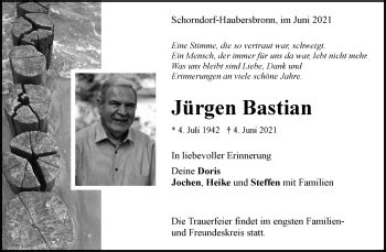 Traueranzeigen von Jürgen Bastian ZVW Trauer