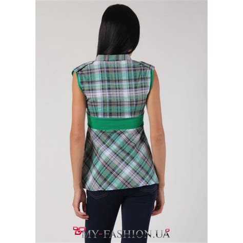 Стильная зеленая рубашка- туника из хлопка с изумительным клетчатым ...