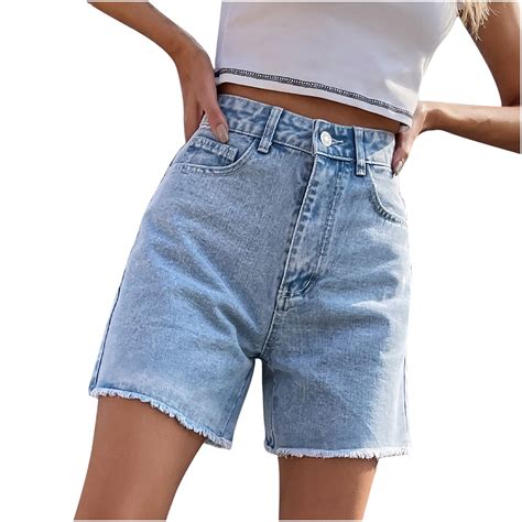 Tkycmsuak Women S High Waist Denim Shorts Straight Leg Raw Hem Jean Shorts Summer Hot Pants With