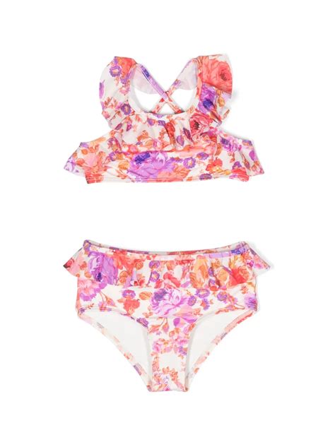 Zimmermann Babies Leaf Print Ruffled Bikini In Purple Modesens