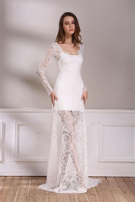 White Long Dress Lace Maxi Party Dress V Neck Backless Long Sleeve