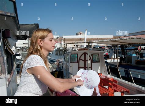 Blonde Lady On Boat Stock Photo Alamy