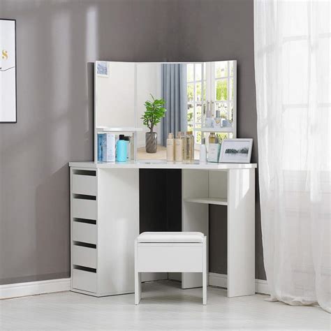 OFCASA White Corner Curved Dressing Table With Mirror And Stool 3