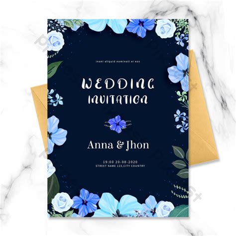 Dark Blue Flower Border Wedding Invitation | PSD Free Download - Pikbest