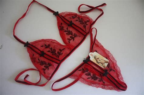FASHION CARE U L Red Sheer Sexy Peek A Boo Embrodery Floral Bikini Pcs Bra Set