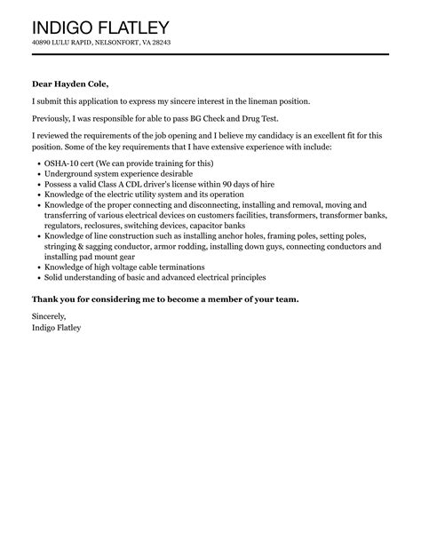 Resume Cover Letter Examples Lineman