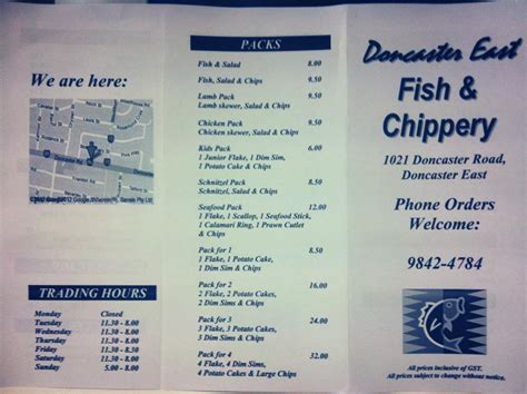 Menu At Doncaster East Fish Chippery Restaurant Doncaster East