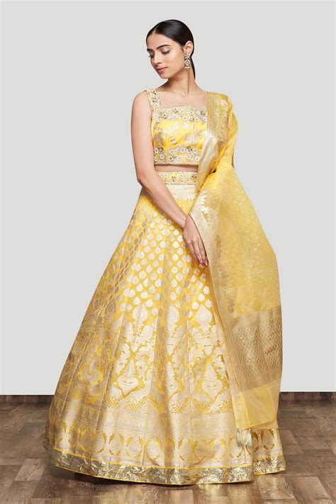 Buy Yellow Organza Embroidery Square Neck Banarasi Lehenga Set For