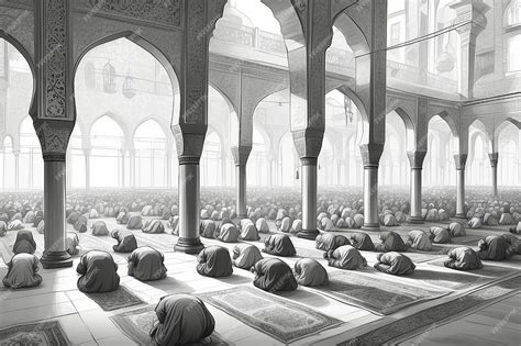Мусульмане молятся в мечети Ручно нарисованный карандашный рисунок ...
