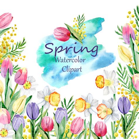 Spring Clipart, Watercolor Clip Art, Flower Border for Greeting Cards ...