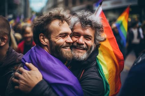 Una feliz pareja gay envuelta en una bandera arcoíris que representa el orgullo lgbtq uno
