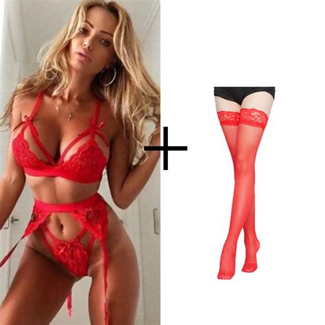 Sexy Women Underwear Set Babydoll Transparent Lace Bra Garter Belt Thong Piece Set Hot Erotic