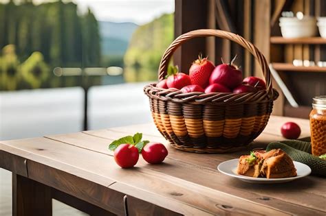 Una Canasta De Manzanas Y Un Plato De Comida En Una Mesa Foto Premium