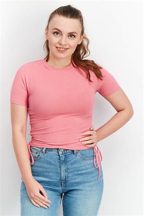 Buy Sinsay Women Crew Neck Short Sleeve Textured Top Pink Online Brands For Less