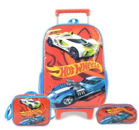 Mochila De Carrinho Hot Wheels Lancheira E Estojo Infantil Luxcel Kit Mochila Infantil