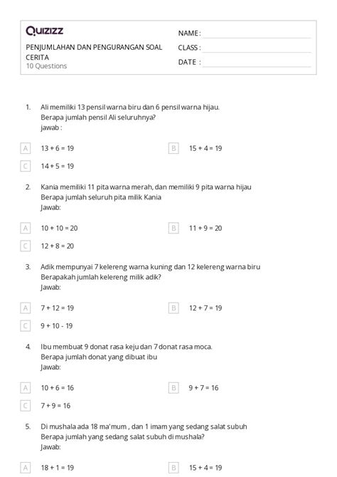 50 Lembar Kerja Soal Kata Penjumlahan Dua Digit Untuk Kelas 1 Di Quizizz Gratis And Dapat Dicetak