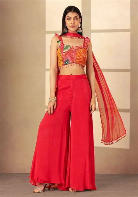 Buy Women Hot Pink Sharara Set With Multicolour Floral Print Blouse And