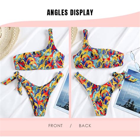 One Shoulder Padded Deer Leaf Giraffe Print Bowknot Low Waist Two Piece Women Bikini Set Multi