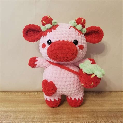 Amigurumi Strawberry Cow Crochet Plushie Cute Handmade Red And Pink