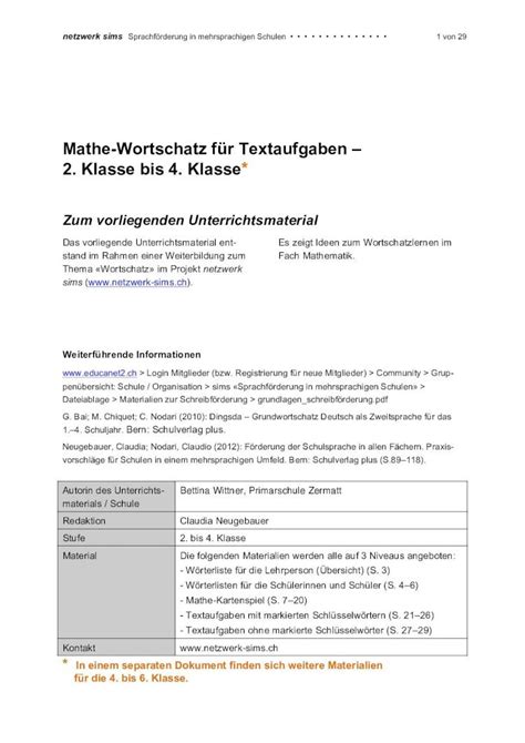 PDF Mathe Wortschatz für Textaufgaben 2 Klasse bis 4