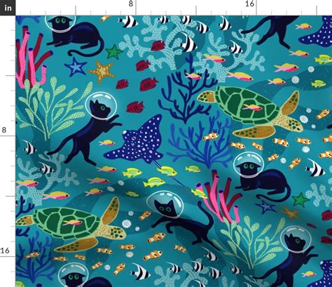 Feline Seabed Exploration - Large Scale Fabric | Spoonflower