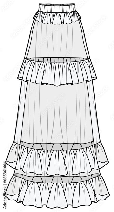 Frill Ruffle Tiered Maxi Skirt Fashion Illustration Vector Cad