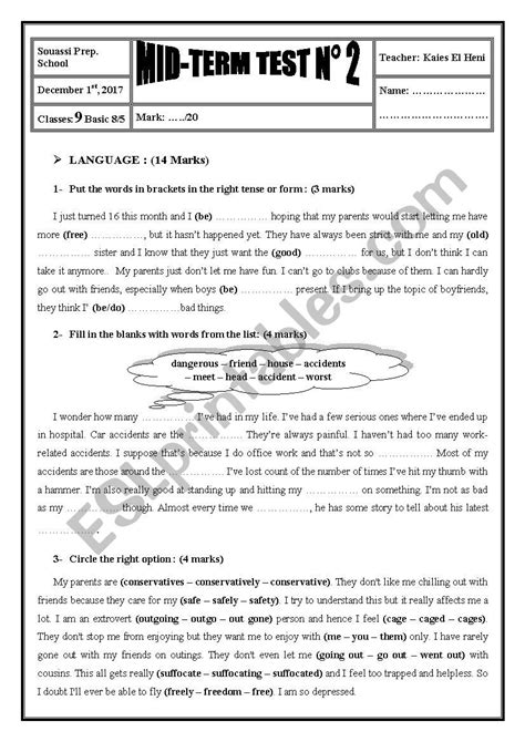 Th Form Mid Term Test Esl Worksheet By Kaies