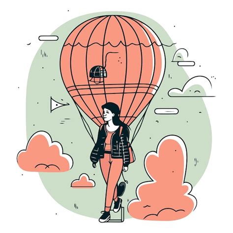 Premium Vector Vector Illustration Of A Girl Flying In A Hot Air Balloon In The Sky