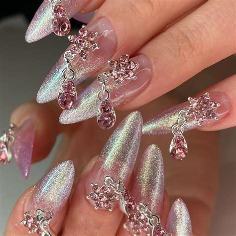 Almond Press On Nails Medium Riicfdd French Fake Nails Nude Pink False Nails With Glitter