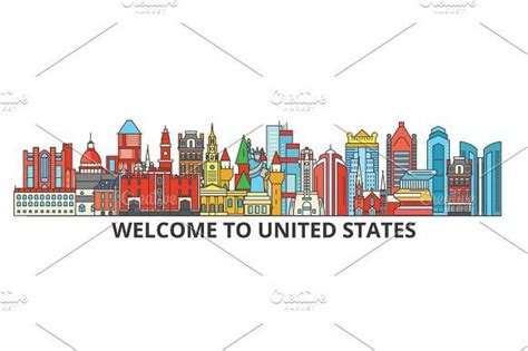 United States Outline Skyline American Flat Thin Line Icons Landmarks