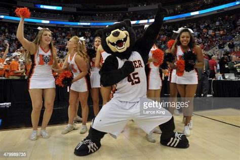 The mascot and cheerleaders of the Mercer Bears celebrate following ...