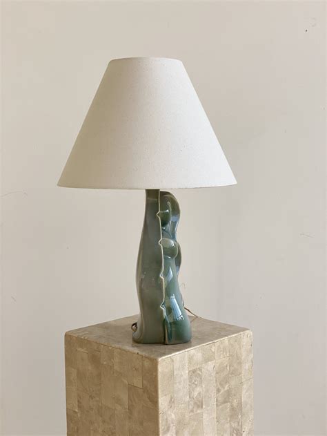 Vintage Seafoam Green Ceramic Nude Figure With Wavy Hair Table Lamp