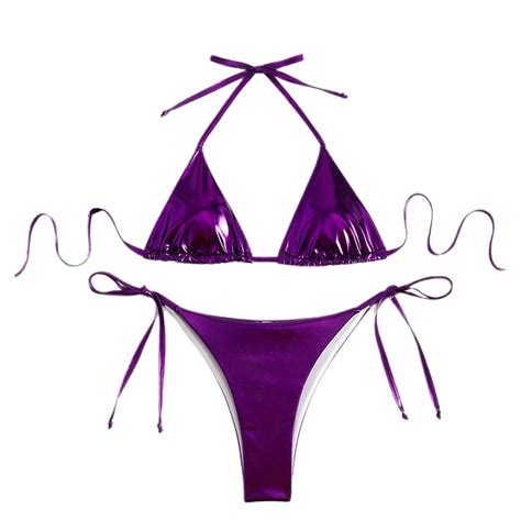 SWSMCLT Women S 2 Piece Bikini Set Sexy Swimsuit Halter Brazilian String Metallic Tie Up Bathing