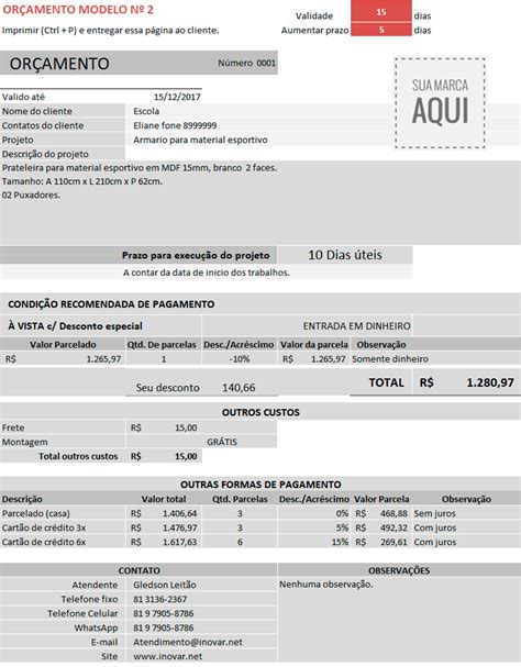 Planilha C Lculo De Or Amento De Servi Os Inovar Net