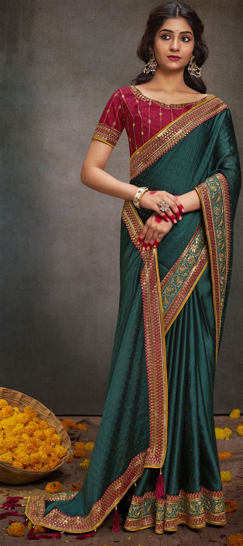 Reception Traditional Green Color Satin Silk Fabric Saree