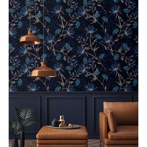 Moody floral wallpaper, dark blue flowers wall covering