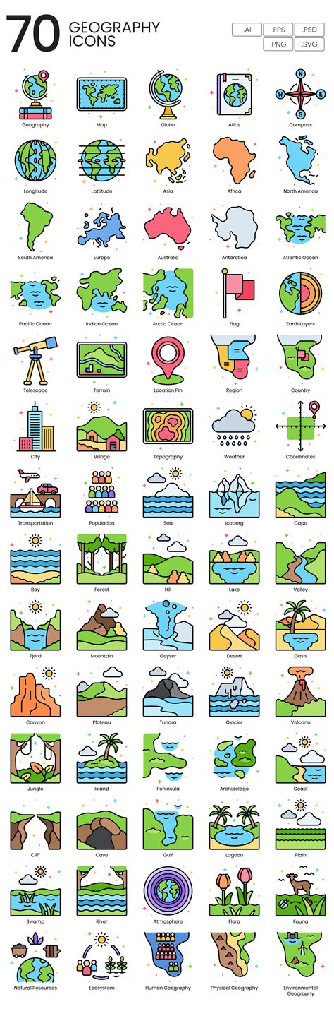 70 Geography Icon Set Flat Icons